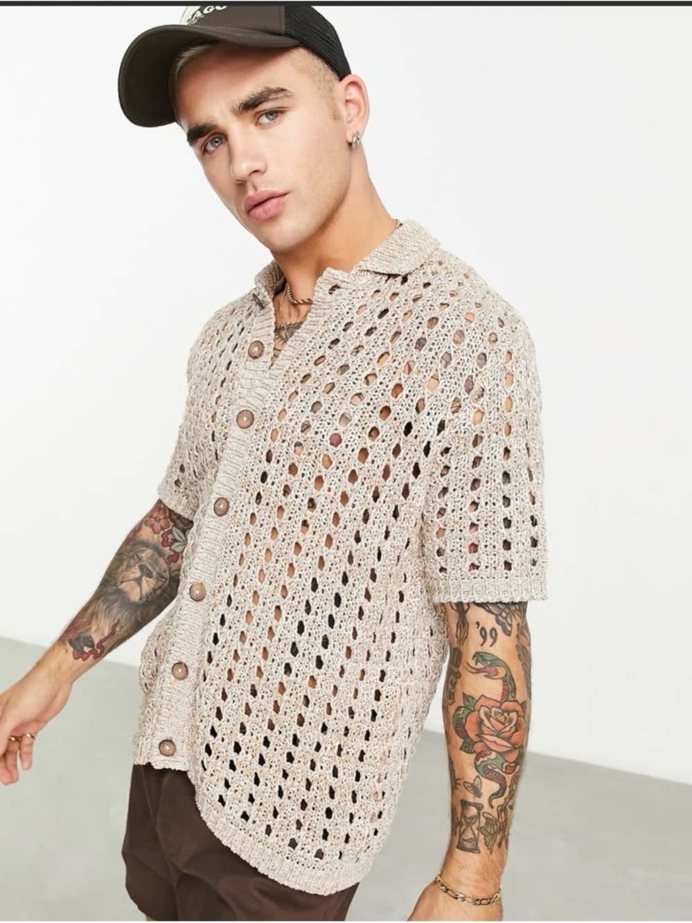 ASOS Taupe Open-Knit Short Sleeve Cardigan - Picture 2 of 10